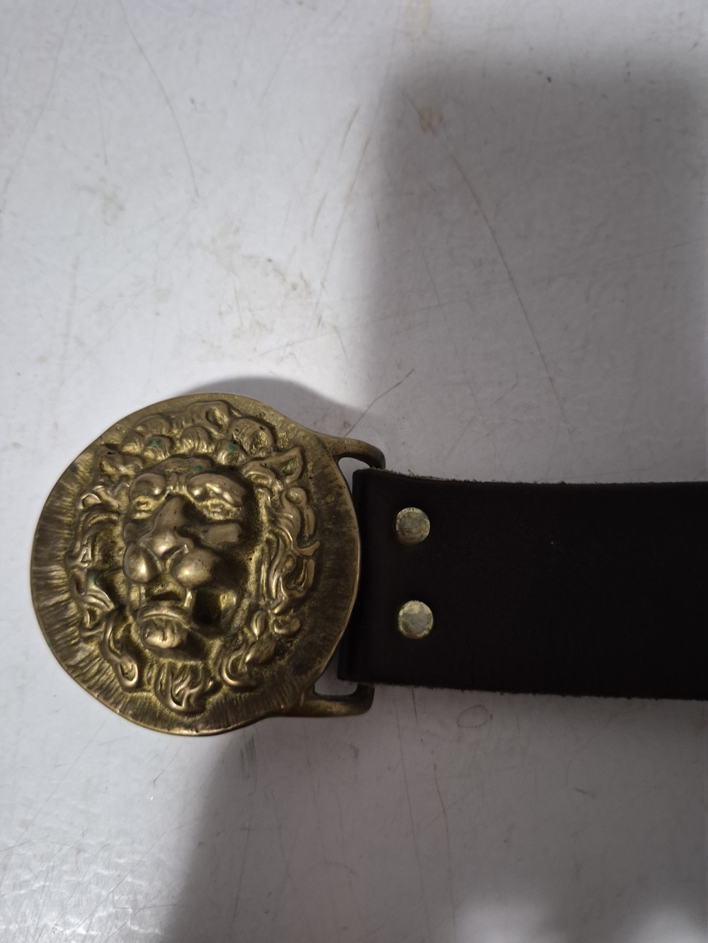 Men's Brown Leather Belt with Brass Lion Buckle